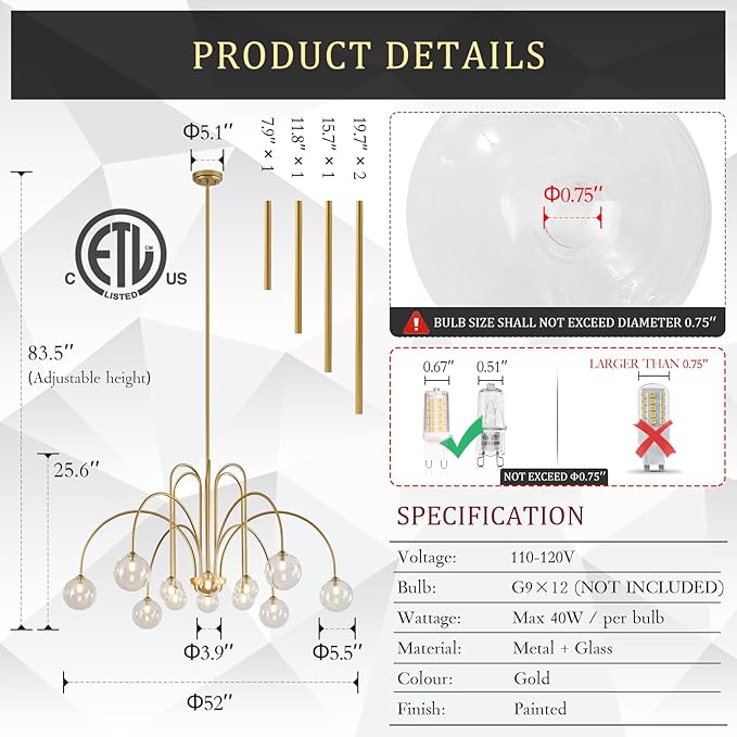 CATINER Gold Sputnik Chandeliers 12 Lights Modern Chandelier Large L52”Mid Century Ceiling Pendant Light Fixtures with Clear Glass Globe Shades for High Ceiling Living Dining Room Foyer Staircase