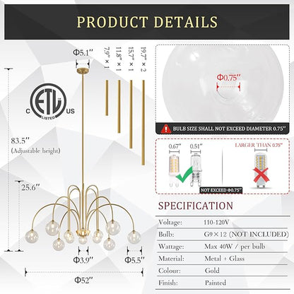 CATINER Gold Sputnik Chandeliers 12 Lights Modern Chandelier Large L52”Mid Century Ceiling Pendant Light Fixtures with Clear Glass Globe Shades for High Ceiling Living Dining Room Foyer Staircase