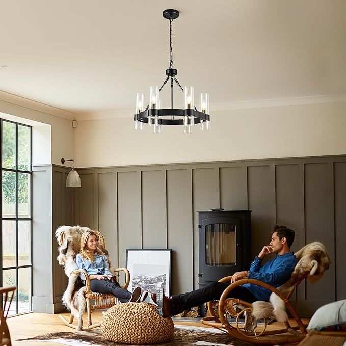 6-Light Large Black Wagon Wheel Chandelier with Glass Shades, 20 Inch Farmhouse Industrial Round Chandelier for High Ceilings, Pendant Lighting Fixture for Dining Living Room Kitchen Island Foyer