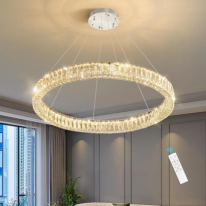 HAIXIANG Modern Crystal Chandelier Dimmable LED Ring Pendant Chandeliers Light Adjustable Glam Hanging Lighting Fixtures for Dining Room Living Room Bedroom Silver Light