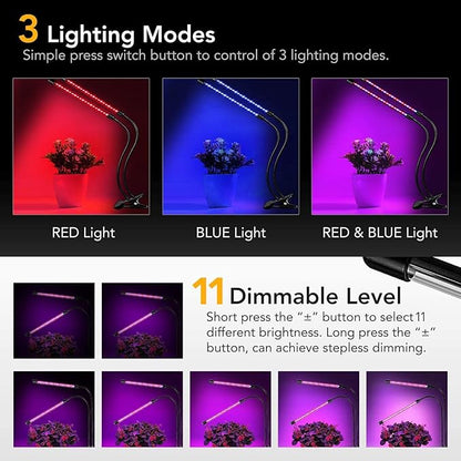 iPower LED Grow Light with Full Spectrum for Indoor Plants, Adjustable Gooseneck, 2/3 Light Modes&5/10 Dimmable Levels, 3 Auto Timing Modes, 2 Tubes, Red&Blue