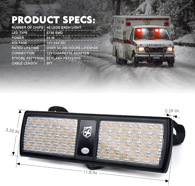 Xprite White/Red 2-in-1 Visor Strobe Lights Interior Windshield Emergency Warning Lights for Police Firefighter Construction Vehicles Trucks