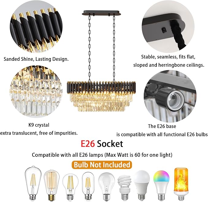 31.5" 8-Light Modern Black Gold K9 Crystal Chandelier, Luxury Rectangular Raindrop Pendant Light with Adjustable Chain, Hanging Chandeliers for Dining Room, Kitchen Island, Living Room