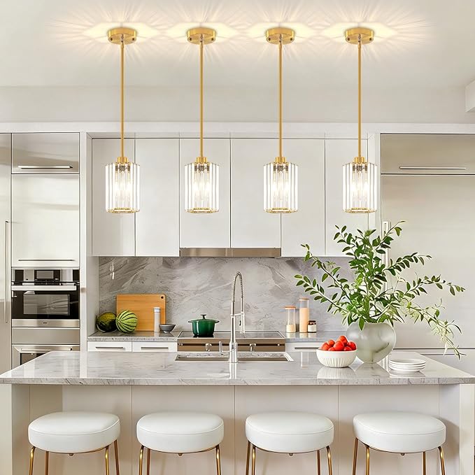 2-Pack Brushed Gold Pendant Lights Kitchen Island Modern Crystal Hanging Pendant Light Hexagonal Mini Chandelier Adjustable Hanging Kitchen Lights for Dining Room Hallway Bedroom Entryway Pendant Lamp