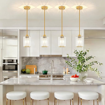 2-Pack Brushed Gold Pendant Lights Kitchen Island Modern Crystal Hanging Pendant Light Hexagonal Mini Chandelier Adjustable Hanging Kitchen Lights for Dining Room Hallway Bedroom Entryway Pendant Lamp