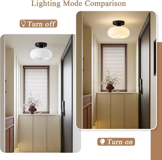 Mid-Century Modern Black Semi Flush Mount Ceiling Light,White Glass Dome Hallway Lighting Fixtures, Metal Close to Ceiling Lamp for Entryway Bathroom Kitchen Bedroom Porch Foyer Office(8.66 Inch)