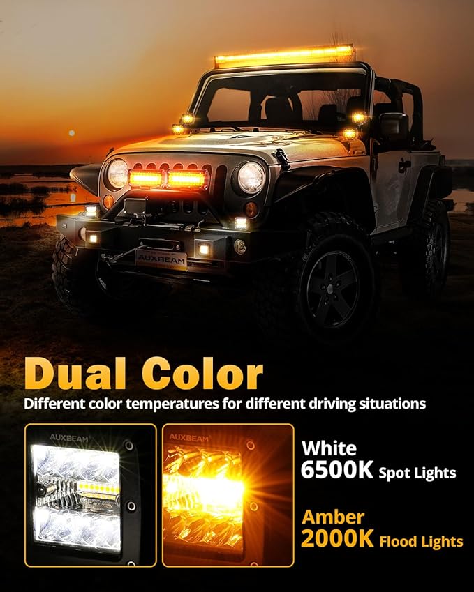 Auxbeam 6 Modes Amber White Series LED Cubes, 3Inch 72W LED Pods Dual Color Off-Road Strobe Lights, Spot Flood Combo Driving Offroad Ditch Lights Flashing Warning Functional, Pair