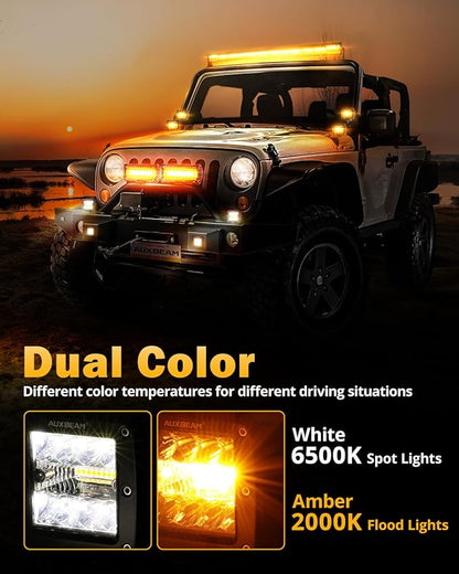 Auxbeam 6 Modes Amber White Series LED Cubes, 3Inch 72W LED Pods Dual Color Off-Road Strobe Lights, Spot Flood Combo Driving Offroad Ditch Lights Flashing Warning Functional, Pair