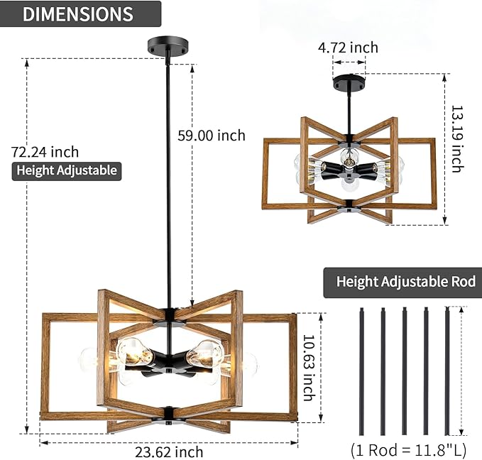 6 Light Farmhouse Chandelier, 23.62" Modern Chandelier for Entryway with Wooden Finish Industrial Rustic Hanging Pendant Light for Bedroom,Kitchen,Foyer,Living,Dining Room Lighting Fixtures