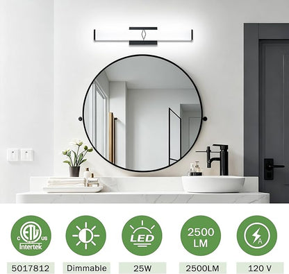 24 Inch Bathroom Vanity Light 2500LM, 5700K Daylight White Modern Bathroom Light Dimmable, AC 120V 25W Matte Black LED Vanity Lighting Fixtures Wall Sconce ETL Certified, 1Pack