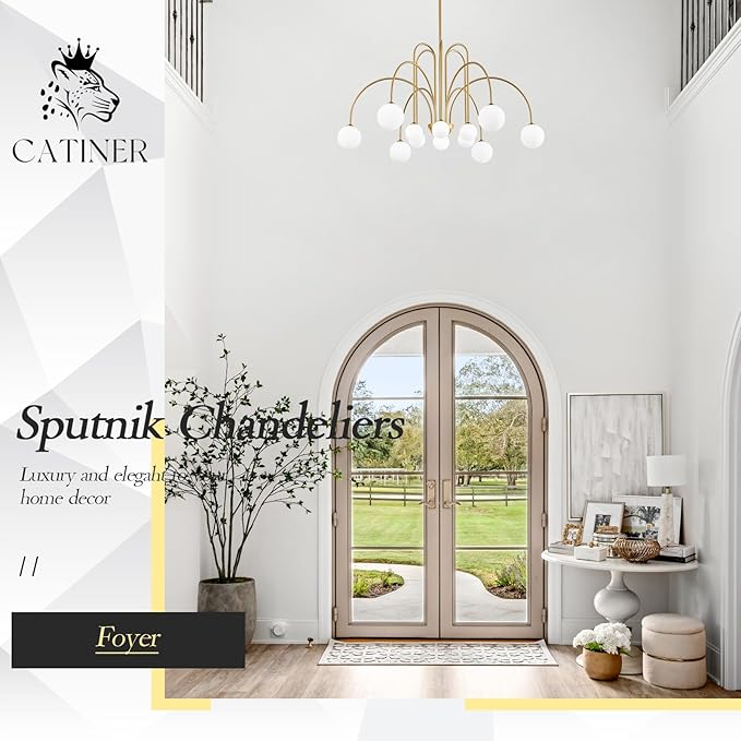 CATINER Large Sputnik Chandeliers 12 Lights Modern Gold Chandelier for High Ceiling L52” Mid Century Ceiling Pendant Light Fixtures with Milk Glass Globe Shades for Living Dining Room Foyer Staircase