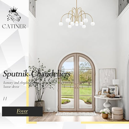 CATINER Large Sputnik Chandeliers 12 Lights Modern Gold Chandelier for High Ceiling L52” Mid Century Ceiling Pendant Light Fixtures with Milk Glass Globe Shades for Living Dining Room Foyer Staircase