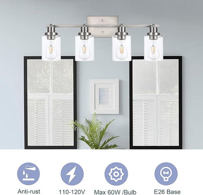 4 Light Track Lighting Fixtures Ceiling Kitchen Track Lighting Kit Brushed Nickel Bathroom Tracking Vanity Lights with Clear Glass Shade, Rotatable Spotlight for Accent Task Wall Art Hallway