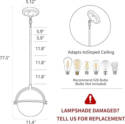 11.4 Inch Gold Globe Pendant Light Fixtures,Mid Century Modern Pendant Lights Kitchen Island with Milk Glass Shade, Adjustable Hanging Light Fixture for Kitchen Dining Room Bedroom Bathroom