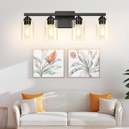 VerRon 4 Lights Bathroom Light Fixtures, Matte Black Modern Vanity Lights Over Mirror with Clear Glass Shades, Bathroom Wall Sconce for Mirror Living Room Cabinet Bedroom Porch