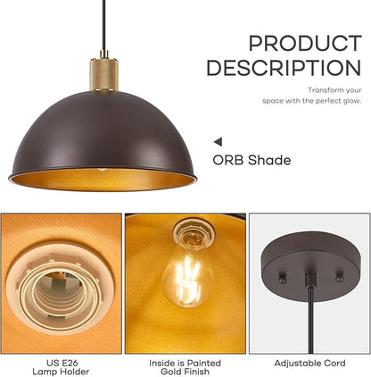 12 Inch Oil Rubbed Bronze Dome Pendant Lights 3 Pack for Kitchen Island, Height Adjustable Farmhouse Industrial Hanging Light Fixtures Over Table for Dining Room, Entryway