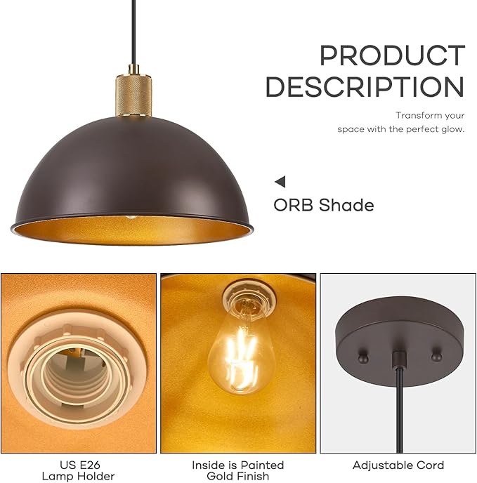 12 Inch Oil Rubbed Bronze Dome Pendant Lights 2 Pack for Kitchen Island, Height Adjustable Farmhouse Industrial Hanging Light Fixtures Over Table for Dining Room, Entryway