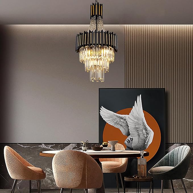 Modern Crystal Chandelier Light 7-Lights 15.8" K9 Crystal Pendant Lights 3-Tier Black Gold Luxury Hanging Light Fixture for Dining Room Living Room Kitchen Bedroom Stairway Home Office