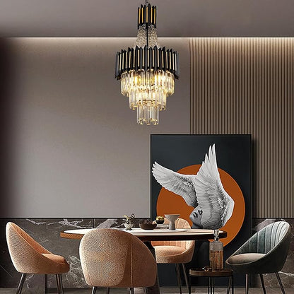 Modern Crystal Chandelier Light 7-Lights 15.8" K9 Crystal Pendant Lights 3-Tier Black Gold Luxury Hanging Light Fixture for Dining Room Living Room Kitchen Bedroom Stairway Home Office