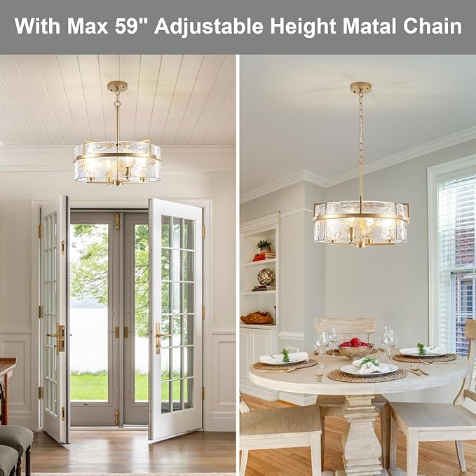 Modern Glass Chandelier,19.7" Gold Dining Room Light Fixtures Over Table Hanging Pendant Light Large Crystal Drum Chandelier for Entryway Foyer Living Room Kitchen Bedroom Bathroom,4-Light E26