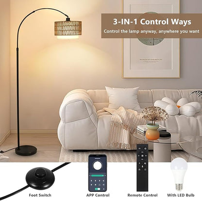 eyassi Arc Floor Lamp with Remote, Modern LED Floor Lamp with Dimmable Bulb, Boho Farmhouse Standing lamp with Fabric & Rattan Lampshades, Height Adjustable Black Tall Lamp for Living Room Bedroom