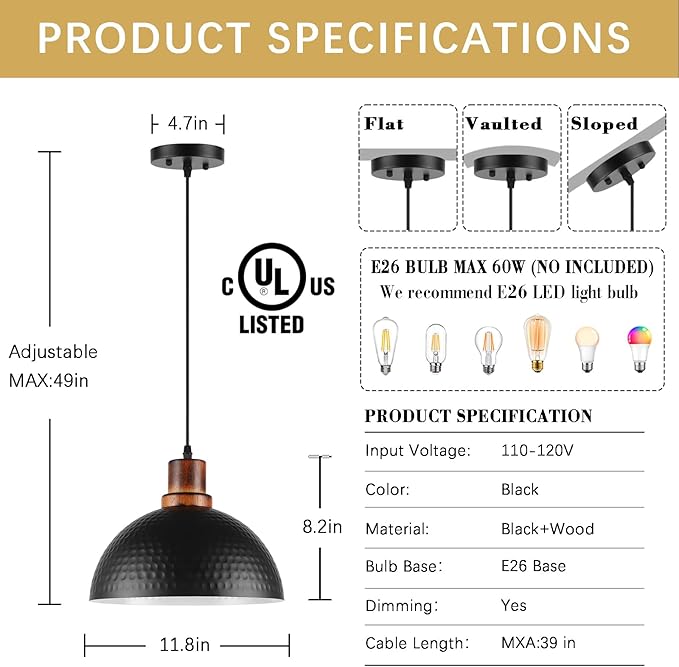 Black and Wood Pendant Lights 2 Pack, 11.8" Hammered Metal Dome Pendant Light Fixture Modern Black Pendant Lighting Hanging Ceiling Light for Kitchen Island Dining Living Room Restaurant