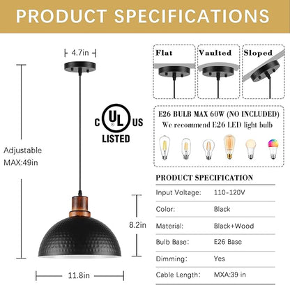 Black and Wood Pendant Lights 2 Pack, 11.8" Hammered Metal Dome Pendant Light Fixture Modern Black Pendant Lighting Hanging Ceiling Light for Kitchen Island Dining Living Room Restaurant