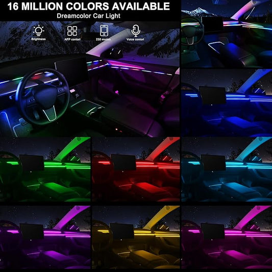 Dreamcolor Acrylic Interior Car LED Strip Light with Wireless APP, RGB 6 in 1 with 175 inches 593 LEDs Fiber Optic Strip Lights for Car, Dynamic Chasing Music Sync Neon Car Ambient Lighting Kits