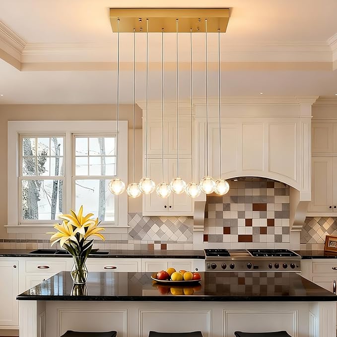 8 Lights Gold Raindrop Rectangle Chandelier, Modern Bubble Crystal Chandelier for Dining Room, Large Pendant Light for High Ceilings Staircase Foyer Entryway Living Room Kitchen Island