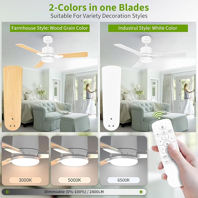 42 Inch Ceiling Fans with Lights and Remote Control, Low Profile Ceiling Fan with Light,10 Min Quick Installation,Reversible,3CCT Dimmable,Noiseless, white Small Ceiling Fan for Bedroom Indoor/Outdoor