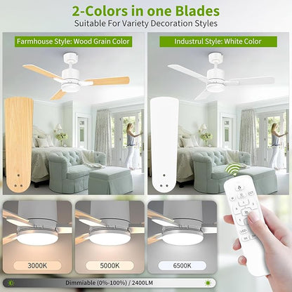 42 Inch Ceiling Fans with Lights and Remote Control, Low Profile Ceiling Fan with Light,10 Min Quick Installation,Reversible,3CCT Dimmable,Noiseless, white Small Ceiling Fan for Bedroom Indoor/Outdoor