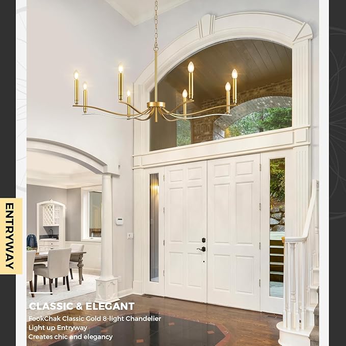 Gold Chandeliers for Dining Room, 8-Light Brass Chandelier Light Fixture Over Table Modern Candle Chandelier 44in Master Bedroom Chandeliers Lighting for Entry Foyer Bathtub Living Room