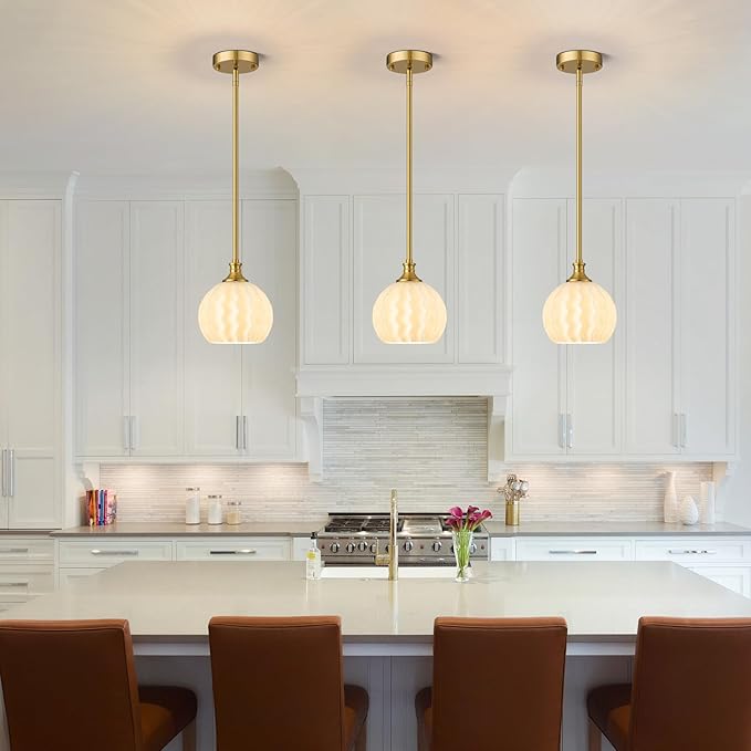Brushed Gold Pendant Lights Kitchen Island with Frosted Milk Glass Shade, 7.3" Modern Single Pendant Light Fixtures Adjustable Height Hanging Lighting for Kitchen Sink Bathroom Hallway