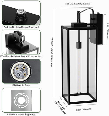 DORESshop 24 Inch Large Size Dusk to Dawn Outdoor Wall Lights, Matte Black Waterproof Anti-Rust Outdoor Light Fixtures Wall Mount with Clear Glass Shade for Porch, with T30 Light Bulbs, 2 Pack