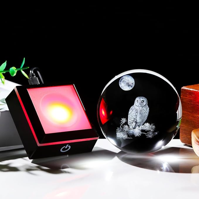 Arikyrist 3D Owl Crystal Ball Figurine with LED Base Laser Owl Gifts for Men Women Owl Lovers on Christmas Birthday Decorative Owl Statue Ball Glass Animals Globe Night Light for Home Decor (80mm)