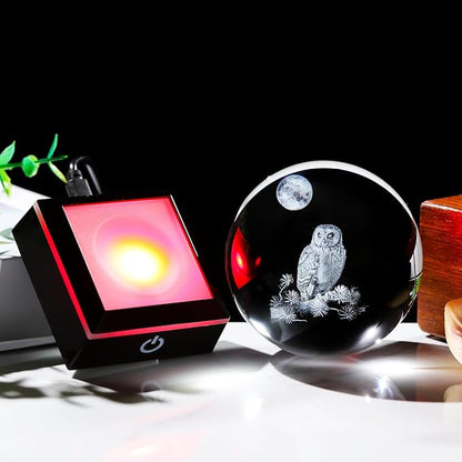 Arikyrist 3D Owl Crystal Ball Figurine with LED Base Laser Owl Gifts for Men Women Owl Lovers on Christmas Birthday Decorative Owl Statue Ball Glass Animals Globe Night Light for Home Decor (80mm)