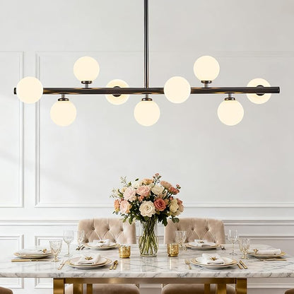 Mid Century Modern Globe Sputnik Chandelier, 9-Light Linear Chandeliers for Dining Room and Kitchen Island, Dining Light Fixture Over Table, Black and Milk White Glass Bubble, 40 Inch