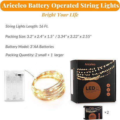 Ariceleo Led Fairy Lights Battery Operated, 2 Packs Mini Battery Powered Copper Wire Starry Fairy Lights for Bedroom, Christmas, Parties, Wedding, Centerpiece, Decoration (5m/16ft Warm White)