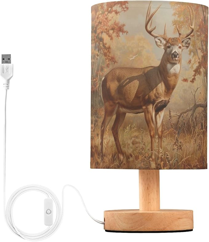 Table Lamp Deer Autumn Forest Nightstand Lamp with Wood Base Fabric Lamp Shade Bedside Desk Lamp for Living Room Bedroom Kids Room Office