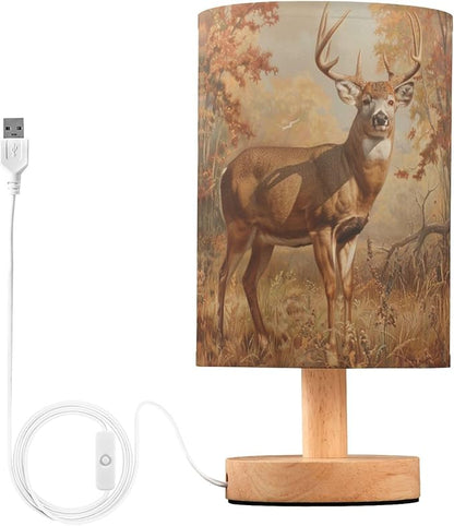 Table Lamp Deer Autumn Forest Nightstand Lamp with Wood Base Fabric Lamp Shade Bedside Desk Lamp for Living Room Bedroom Kids Room Office