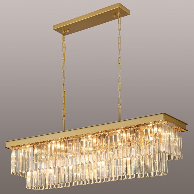 Weesalife Crystal Chandeliers for Dining Room Light Fixtures Over Table，15-Lights Gold Modern Rectangle Chandeliers for Kitchen Island Bar