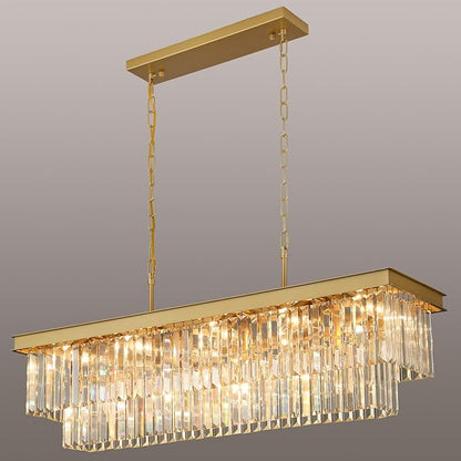 Weesalife Crystal Chandeliers for Dining Room Light Fixtures Over Table，15-Lights Gold Modern Rectangle Chandeliers for Kitchen Island Bar
