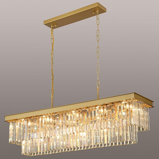 Weesalife Crystal Chandeliers for Dining Room Light Fixtures Over Table，15-Lights Gold Modern Rectangle Chandeliers for Kitchen Island Bar
