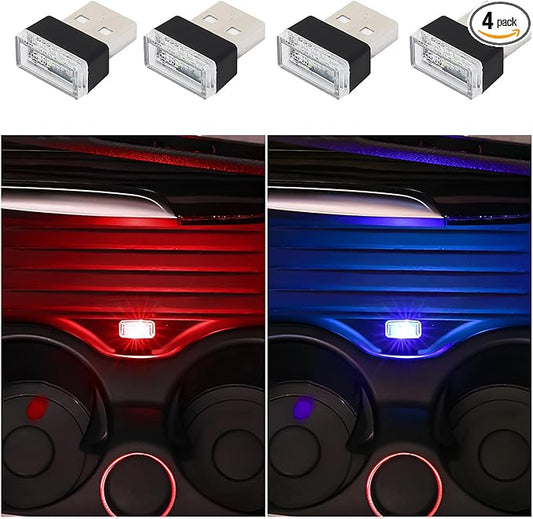 Dickno 4 PCS USB LED Car Interior Atmosphere Lamp, Portable Mini LED Night Light, Plug-in USB Interface Trunk Ambient Lighting Kit, Universal Vehicle Interior Accessories (Blue+Red)