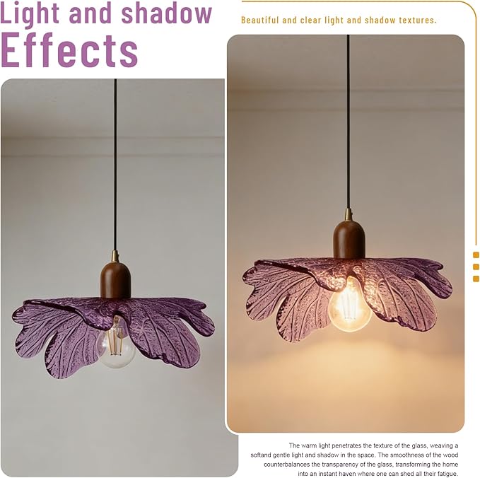 Floral Purple Glass Pendant Light, Mid-Century Modern Wood & Glass Hanging Lamp, Adjustable 59" Cord Flower Ceiling Light Fixture for Bedroom Dining Room Kitchen Island
