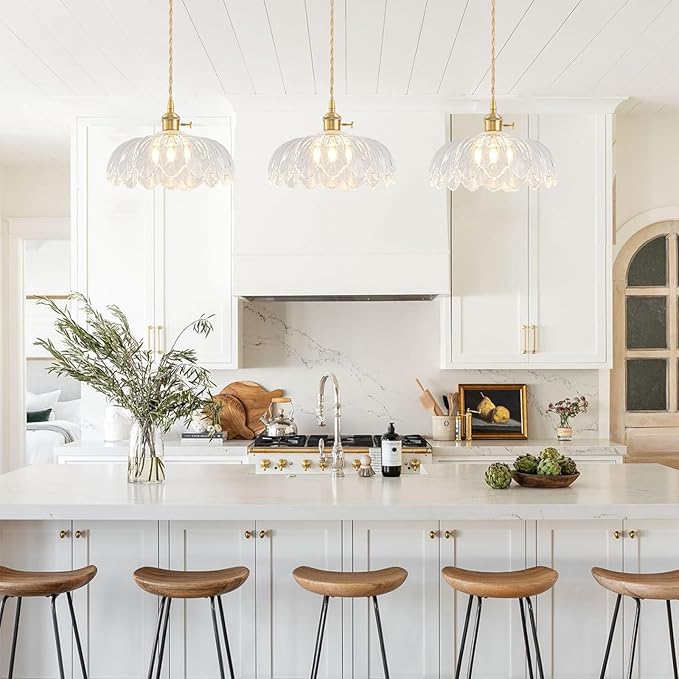 Glass Pendant Lights Kitchen Island, Vintage Brass Pendant Light Fixtures, Adjustable Transparent Kitchen Pendant Lighting Over Island for Bedroom Living Room Hallway Dining Room