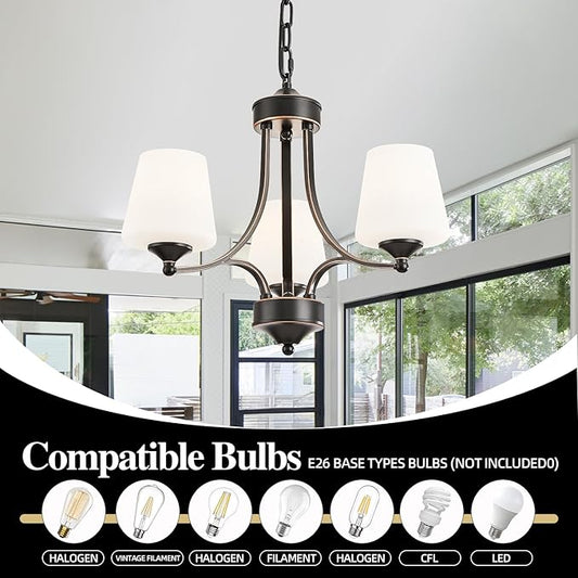 3 Light Farmhouse Chandelier with Milk White Frosted Glass Shades Black Dining Room Light Adjustable Height Ceiling Hanging Light Fixtures for Dinner Table, Kitchen Island, Entryway