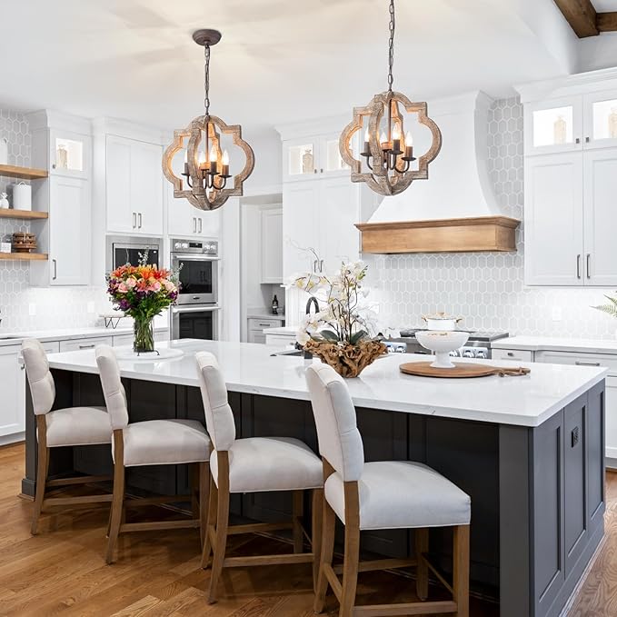 16" Oak Farmhouse Chandeliers for Dining Room Distressed Wood Pendant Light Fixture 4-Light Rustic Ceiling Hanging Light over Table for Kitchen Island Bedroom Entryway Foyer Dimmable & Ajustable Heigh