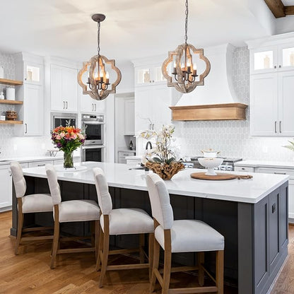 16" Oak Farmhouse Chandeliers for Dining Room Distressed Wood Pendant Light Fixture 4-Light Rustic Ceiling Hanging Light over Table for Kitchen Island Bedroom Entryway Foyer Dimmable & Ajustable Heigh