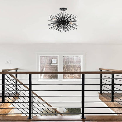20in Black Sputnik Ceiling Light Fixtures Over Table 4-Lights Starburst Sputnik Chandelier Modern Solid Metal Semi Flush Mount Ceiling Light for Bedroom, Kitchen, Hallway, Laundry Room, E12